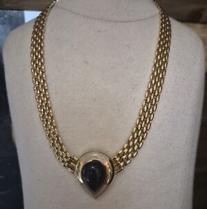 Trifari Gold Tone Multi-Strand Necklace with Black Teardrop Center